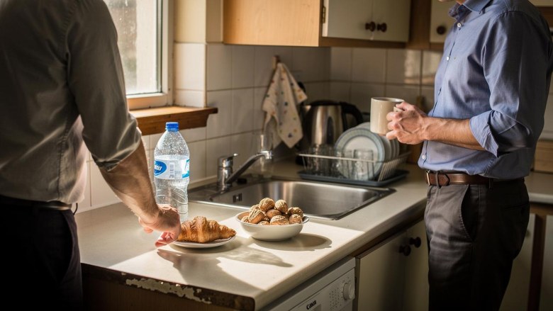 Dva muškarca u kuhinji pored sudopere, jedan uzima kroasan s pločice dok drugi drži šolju