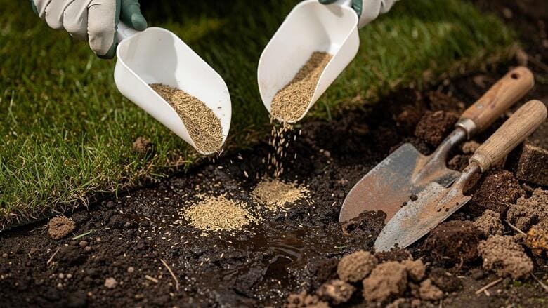 Ruke u rukavicama posipaju travno seme iz plastičnih lopatica na vlažnu zemlju