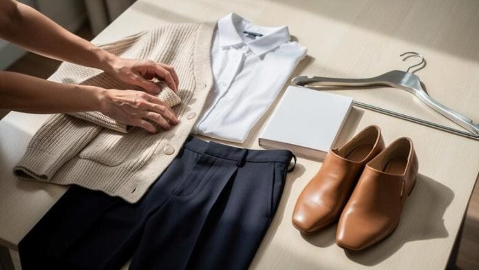 bez-dzemper-teget-pantalone Ruke preklapaju bež džemper pored bele košulje, teget pantalona i braon cipela