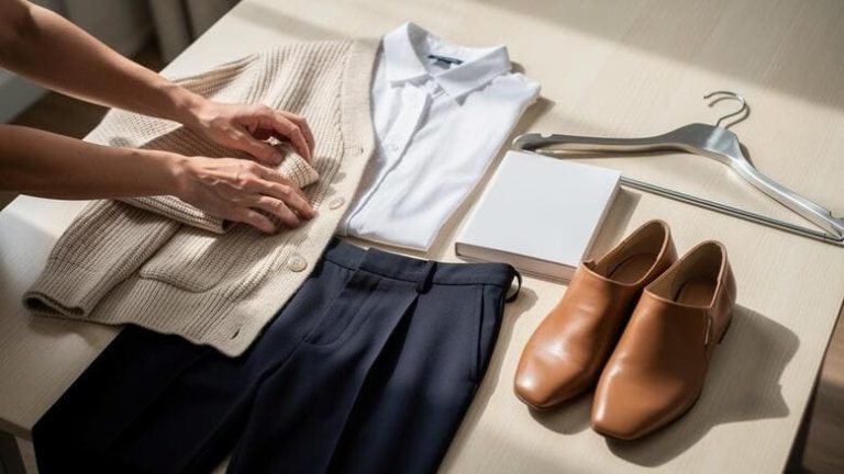 Ruke preklapaju bež džemper pored bele košulje, teget pantalona i braon cipela