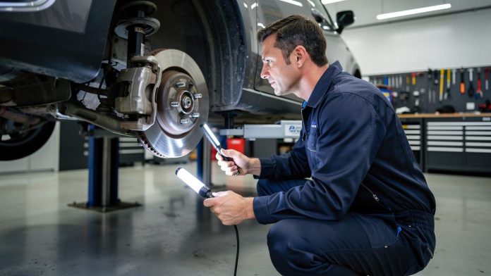 mekanicar-kocioni-disc-rucna-lampa Mehaničar pregleda kočioni disk automobila držeći dve radne lampe