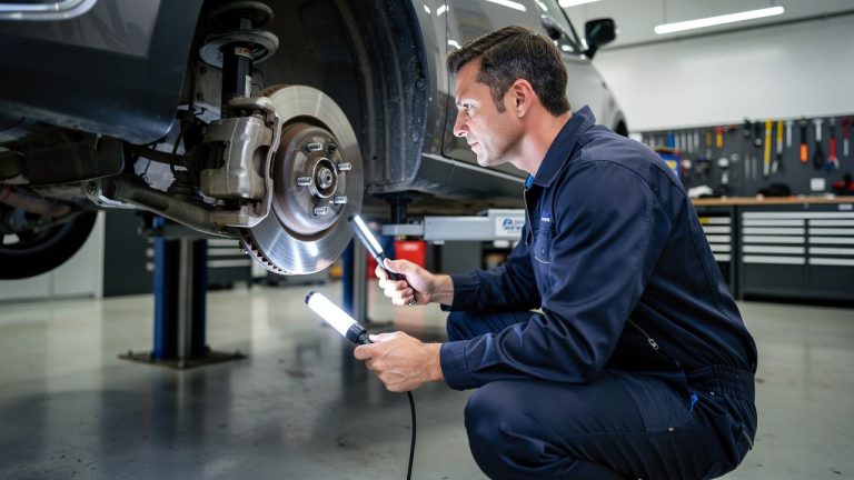 Mehaničar pregleda kočioni disk automobila držeći dve radne lampe