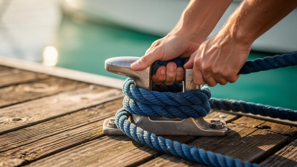 Ruke koje omotavaju plavo uže oko metalne kline na drvenom molu